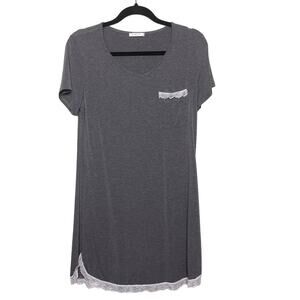 Ekouaer Short Sleeve V-Neck Sleepwear Lace Trim Nightdress‎ Shirt Gray Womens S